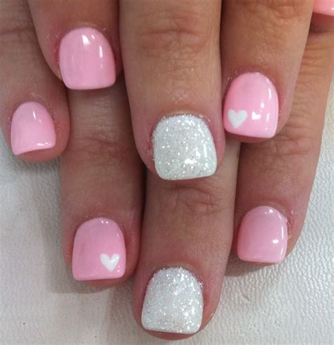 pink valentines nails short|pink and white heart nails.